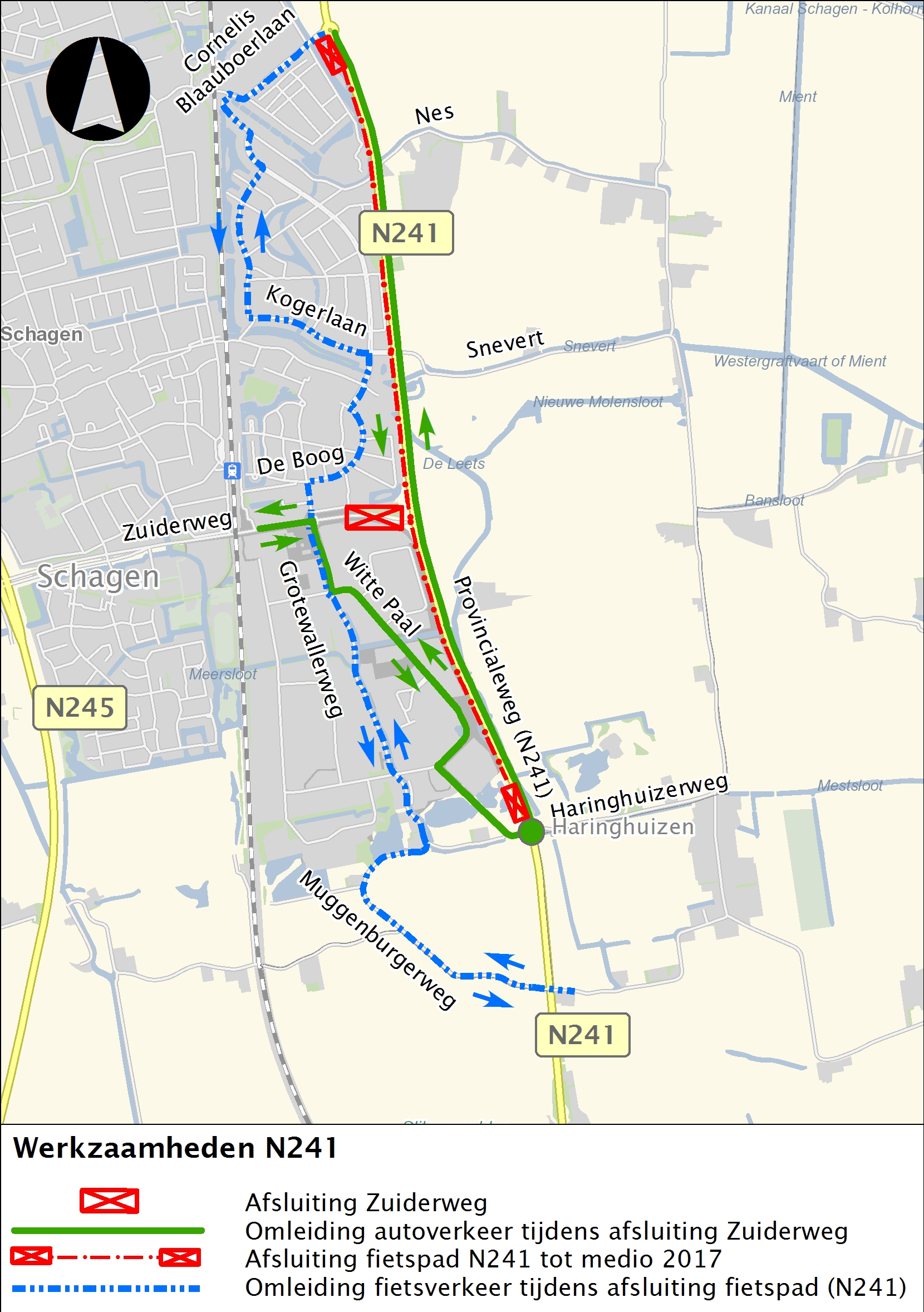 Planning en omleidingsroutes Provincialeweg (N241) tussen Schagen en Verlaat