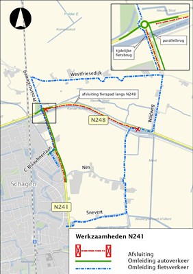 Omleidingskaart tijdens werkzaamheden Lasschoterbrug Schagen in kleur