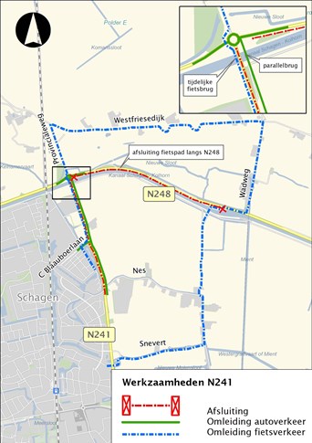 Omleidingskaart tijdens werkzaamheden Lasschoterbrug Schagen in kleur