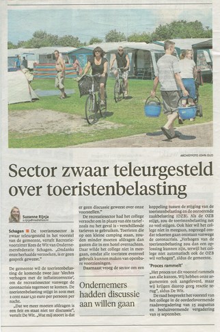 Krantenbericht Schager Courant 20-6-20 TB, sector zwaar teleurgesteld