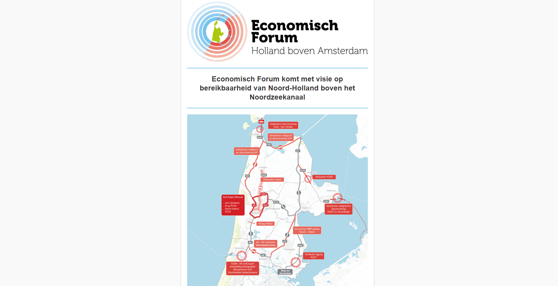 Economisch Forum komt met visie op bereikbaarheid van Noord-Holland Noord