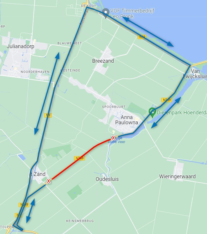UPDATE 29 MEI - N249 afgesloten tussen Anna Paulowna en ’t Zand in het weekend van 25 en 26 mei én 8 en 9 juni 2024