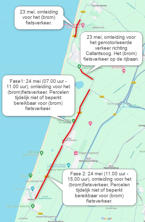 Fietspadherstel N502 tussen Petten en Groote Keeten op 23 en 24 mei 2024