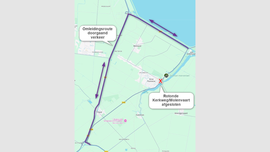 Rotonde Kerkweg/Molenvaart (N249) bij Anna Paulowna afgesloten van 7 t/m 11 oktober 2024