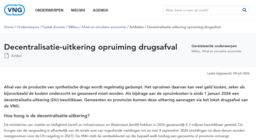 Decentralisatie-uitkering opruiming drugsafval VNG